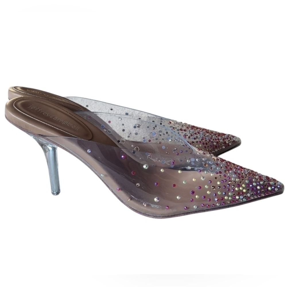 Jeffrey Campbell Drizella Clear Embellished Crystal Mules Pointed Toe Heels Sz 8
